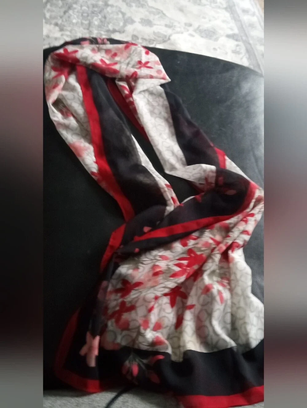 Calvin Klein Floral Logo Scarf in White, Red & Black